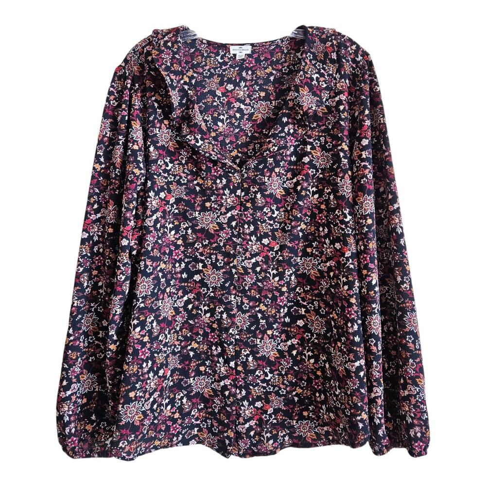 MASON & BELLE XXL 2X Blouse Button Up Dark Floral Ruffle Collar Long Sleeve 46"